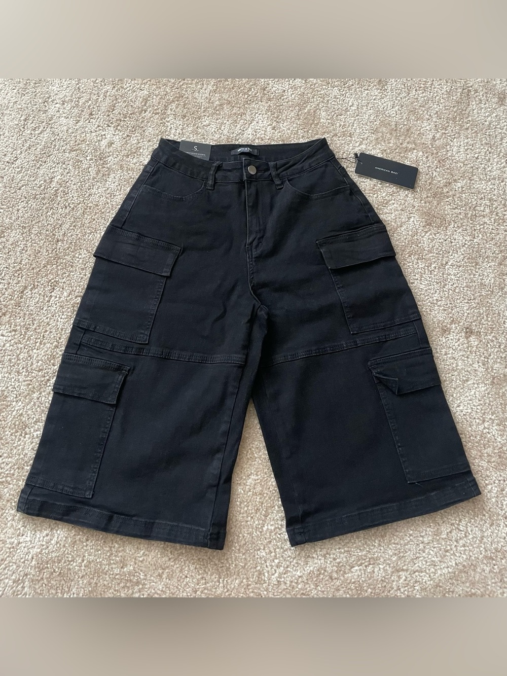 NWT American Bazi Black Cargo Denim Shorts Size Small
